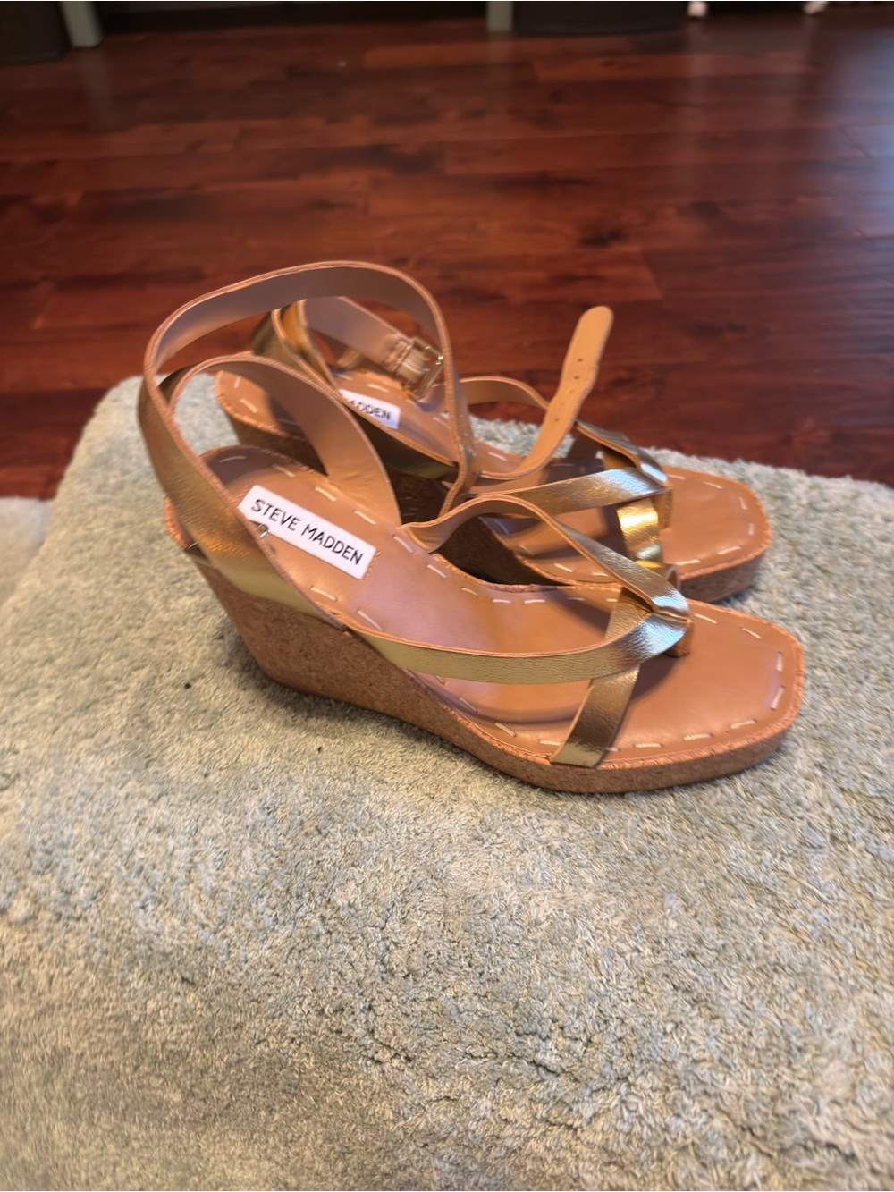 Steve Madden Metallic Gold Strappy Cork Wedge Sandals